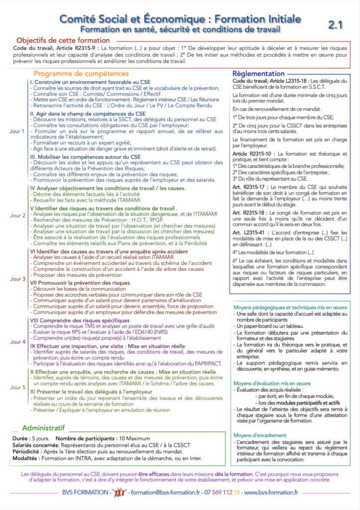 image du programme de formation en santé sécurité et conditions de travail du comité social et économique développé par BVS FORMATION CSE SSCT